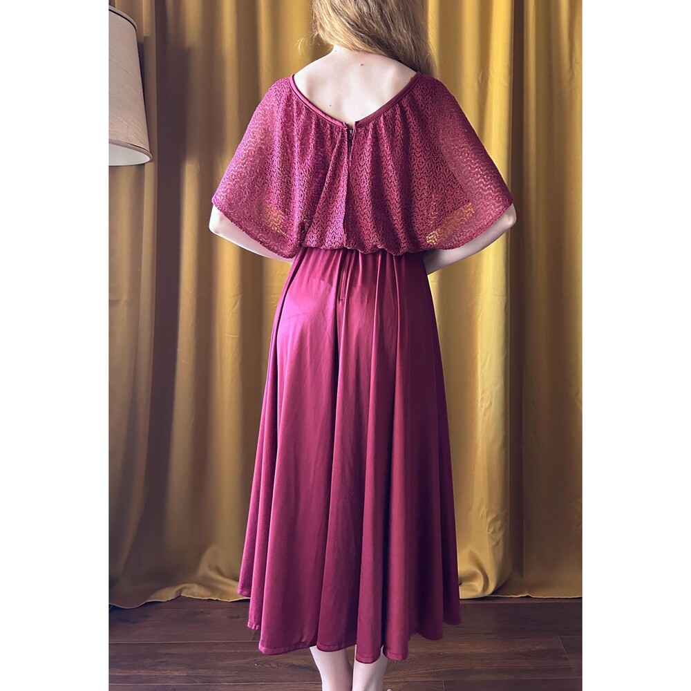 Vintage 1970s Burgundy Flutter Sleeve A-line Midi Dress, medium - Picture 5 of 7